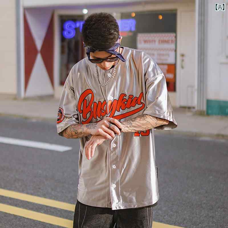 Tシャツ トップス ヒップホップ メンズ ストリート カジュアル ジャージ 半袖 カーディガン 西海岸 反射 ルーズカット 色が変化 シルバー ベースボール