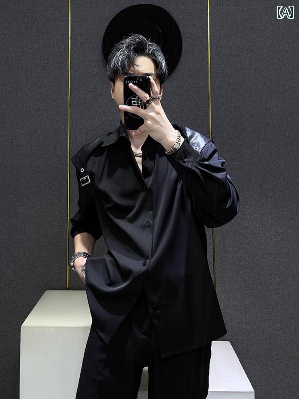 シャツ トップス メンズ カジュアル スタイリッシュ レザー 長袖 男性用 春夏 ハイエンド フィット ユニーク リラックス ドレープ ルーズ