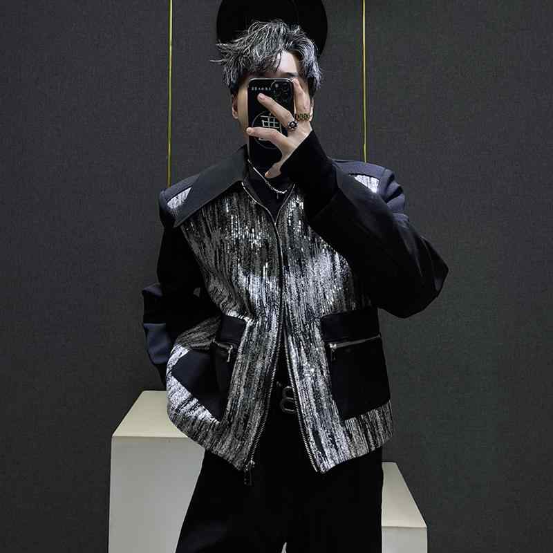 ジャケット コントラストカラー スパンコール アウター メンズ ステージ 衣装 秋冬 ショート丈 ショルダーパッド 個性的 ストリート スタイリッシュ おしゃれ クール モダン｜Hanbok Home 8,207円