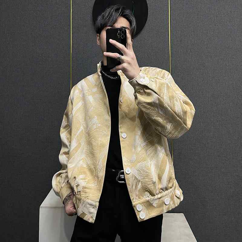 ジャケット 高級感 メンズ ステージ 衣装 デニム アウター レトロ ショート ショルダーパッド スタンドカラー カジュアル 個性 おしゃれ スタイリッシュ ストリート アート クール