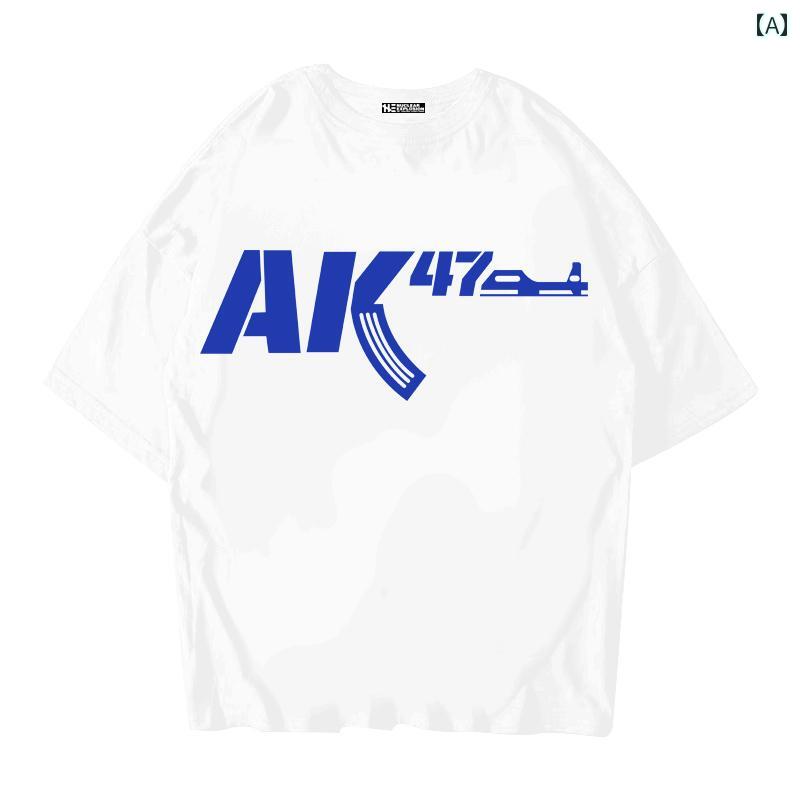 Tシャツ メンズ トップス ストリート AK47 夏 250グラム 青と白 プリント ゆったり カジュアルウェア 大きいサイズ 半袖 綿