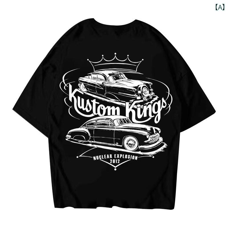 Tシャツ メンズ トップス ストリート ヴィンテージカー 250グラム 綿 プリント ブラック 大きいサイズ デイリースタイル 半袖