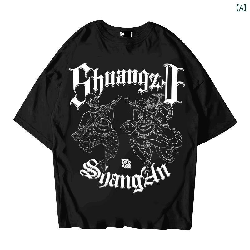 Tシャツ トップス ヒップホップ メンズ ストリート カジュアル ギャング フライングスタイル ヘビー コットン 黒 白 男女兼用 個性 ドロップショルダー スリーブ 半袖