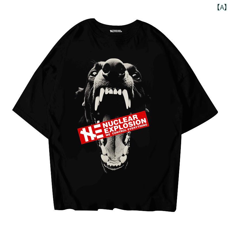Tシャツ トップス メンズ ストリート カジュアル 暴力的 悪質 犬 夏 250グラム 黒 綿 プリント ゆったり デザイン 大きいサイズ 半袖 男性用