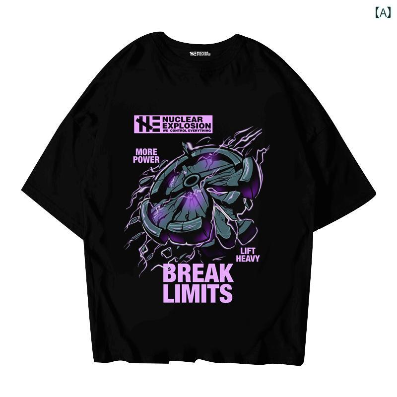 Tシャツ トップス メンズ ストリート カジュアル バーベル 強度 ストロングマン フィットネス サマー プリント 250グラム 黒 半袖 ユニセックス コットン