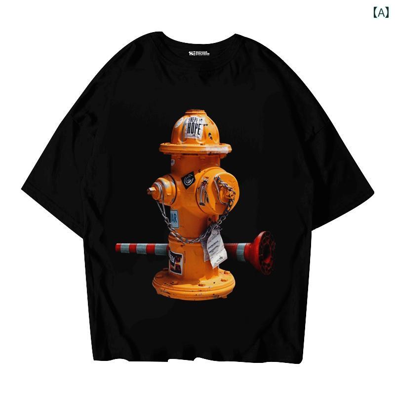 Tシャツ メンズ トップス ストリート 消火栓 250g コットン 夏 ブラック アメリカン ソフトタッチ ゆったり 大きいサイズ 五分袖 半袖｜Hanbok Home