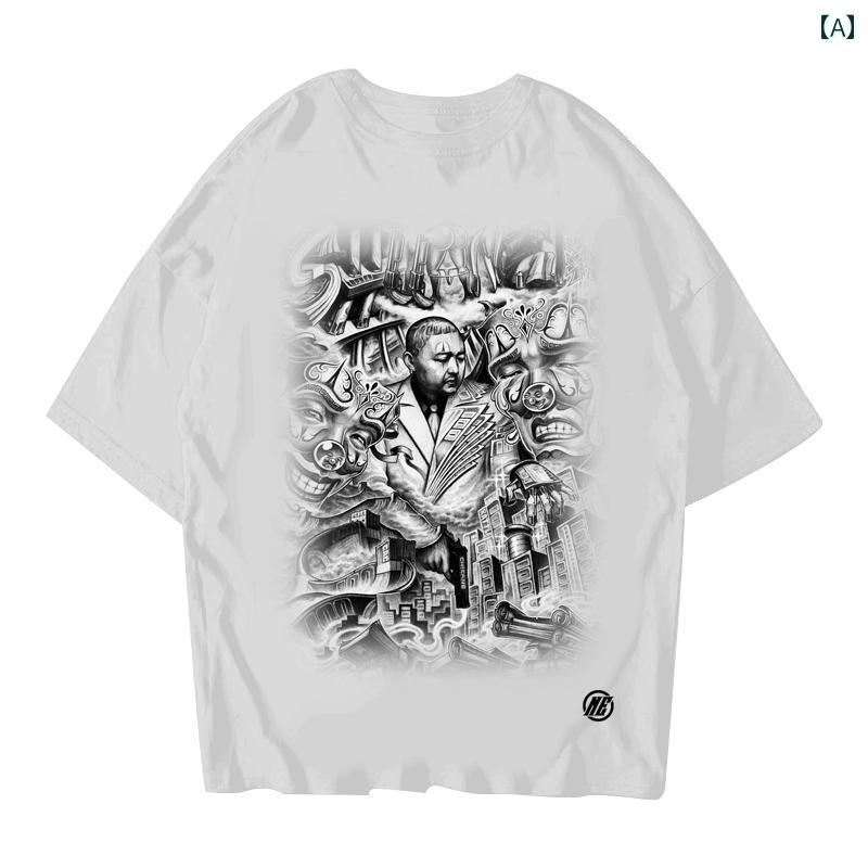 Tシャツ トップス メンズ ストリート カジュアル 肖像画 手描き チカーノ 西海岸 ヘビー コットンクラシック 男女兼用 アート スタイリッシュ 白黒 半袖