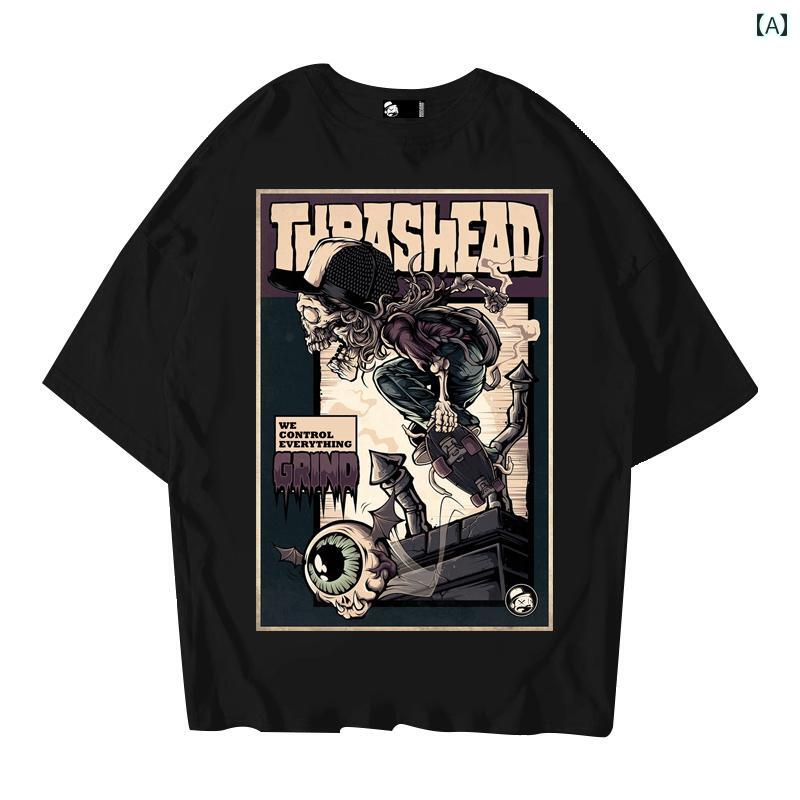 Tシャツ メンズ トップス ストリート スケートボード ローラー デザイン 西海岸 黒 220グラム カジュアル 綿 ユニセックス 夏 半袖