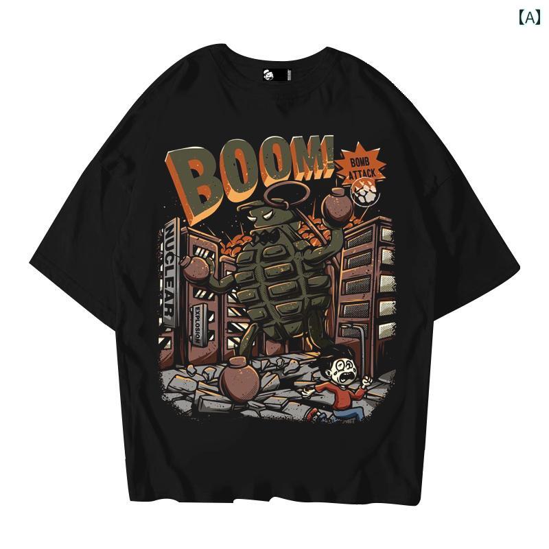 Tシャツ メンズ トップス ストリート 爆発 爆弾 モンスター ブラック 220g 綿 ゆったり 大きいサイズ 夏 グラフィック 半袖