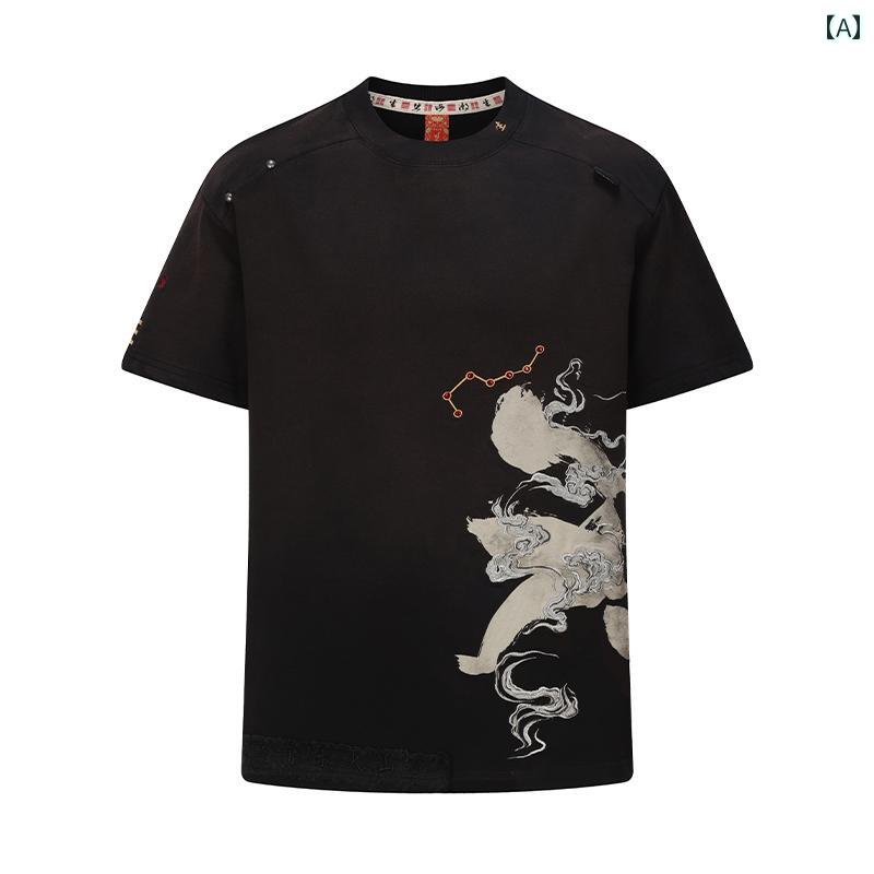 Tシャツ トップス 春夏 チャイナ風 綿 刺繍 プリント ウォッシュ加工 半袖 メンズ レディース カジュアル 男女兼用 スプレー染色 コットン