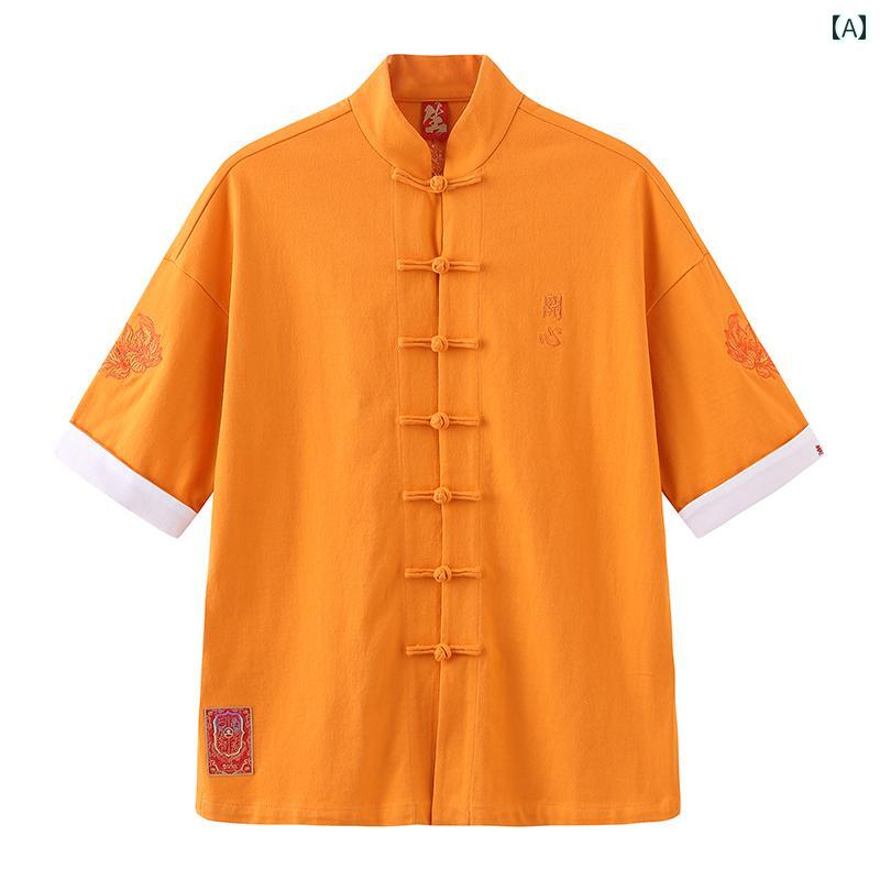 Tシャツ トップス ハッピー 半袖 唐服 春夏 ユニーク チャイナ風 ボタン ストリート コットン デザイン 男女兼用