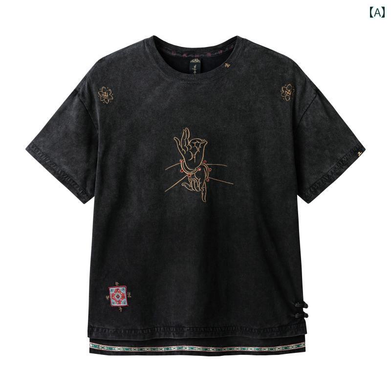Tシャツ トップス 春夏 チャイナ風 綿 刺繍 ウォッシュブラック 半袖 メンズ レディース シンプル カジュアル 刺繍 ホットラインストーン｜Hanbok Home