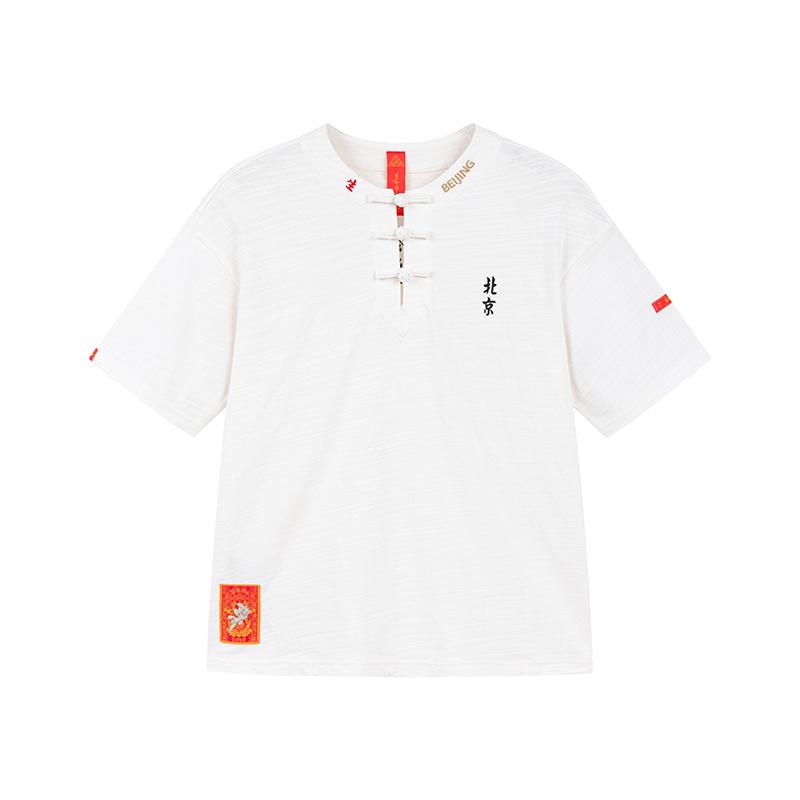 Tシャツ 半袖 中華風 チャイナボタン 刺繍 綿 コットン 竹 ラウンドネック 漢字 白 衣装 夏 メンズ レディース 涼感 舞台 伝統 愛国 文化