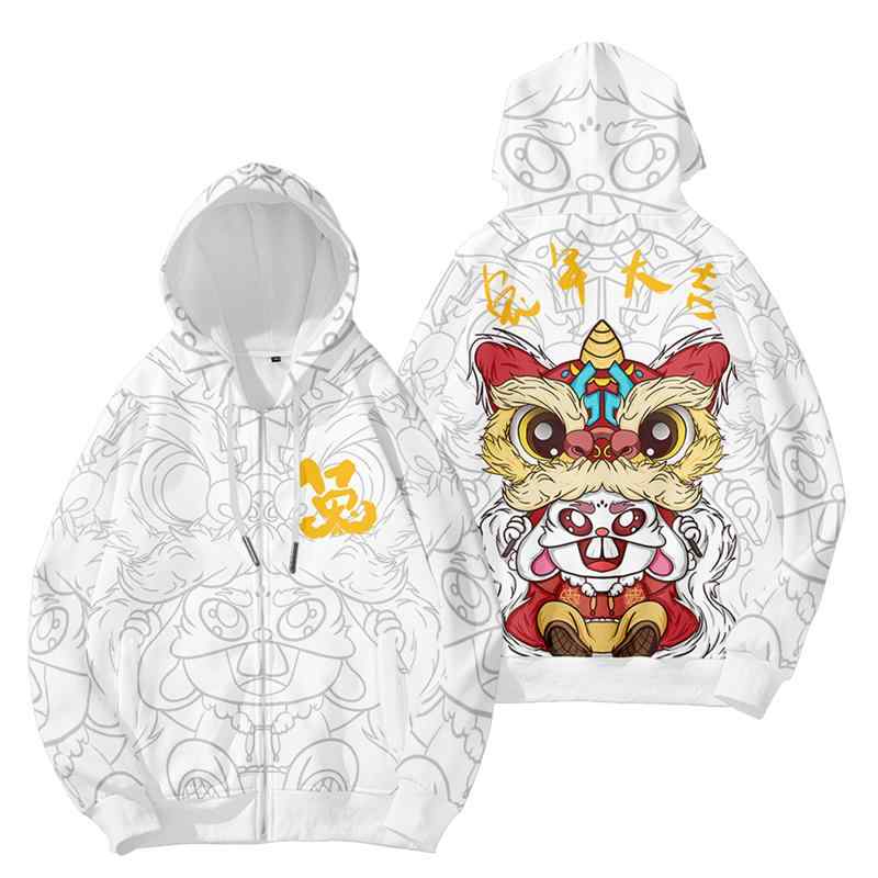 パーカー チャイナ風 うさぎ スタイリッシュ かわいい 個性的 ストリートファッション 秋冬 モダン 裏起毛 ゆったり 大きめサイズ フード付き ジッパー スウェット