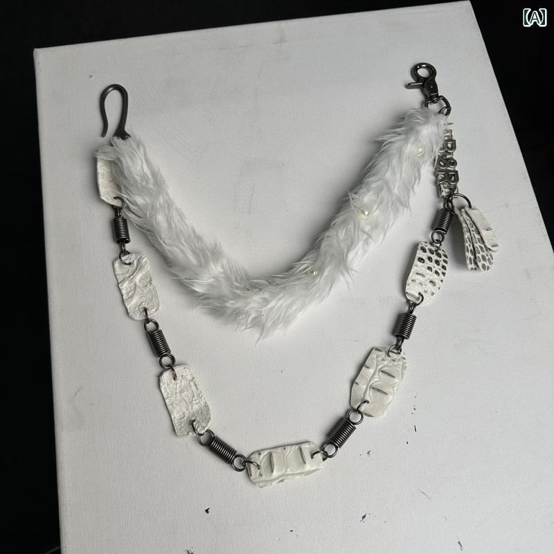 ウォレット チェーン ファー 金属 白アクセント コイル 2連 ダブル シングル ウエストチェーン バッグ チャーム ヒップホップ ロック パンク レトロ ストリート カジュアル