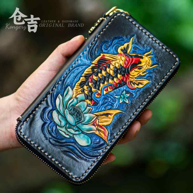 財布 ウォレット カードケース おしゃれ ファッション 牛革 刻印 ファスナー アクセサリー プレゼント ラグジュアリー レザーカービング 鯉 ユニセックス