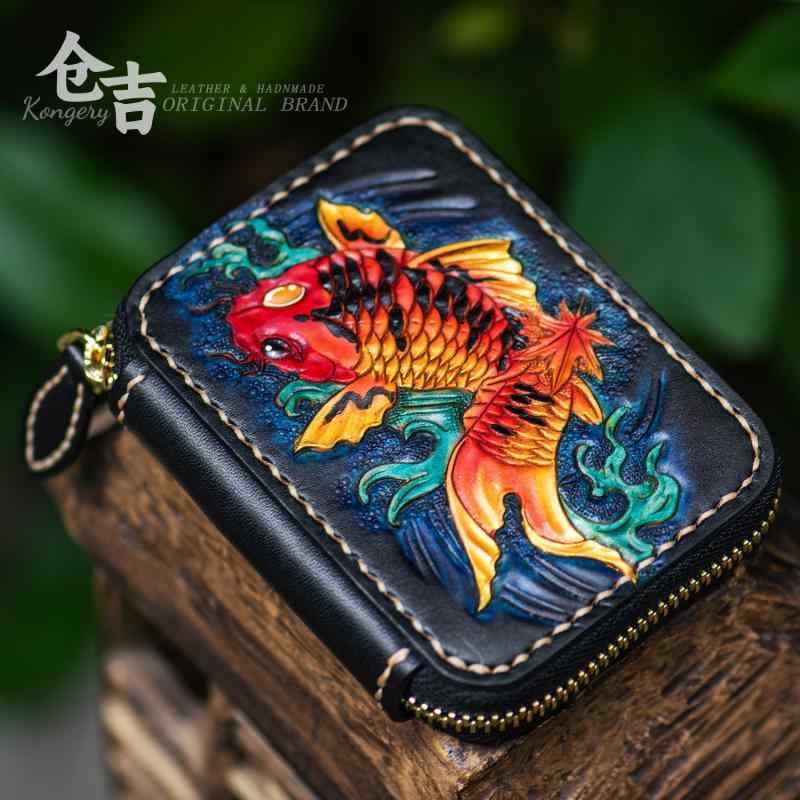 なめし革 ウォレット 牛皮 革 パウダーコンパクト ミニウォレット 歌留多入れもの 御釣り入れ 紙入れ 鯉 弱められた チャイナテイスト 心地好い