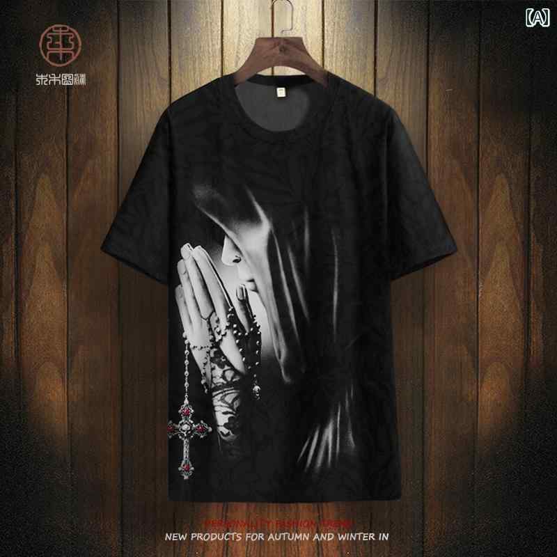 Tシャツ 欧米風 祈り 手 プリント 半袖 メンズ カジュアル ファッション ダークスタイル オーバーサイズ 冷感 エスニック