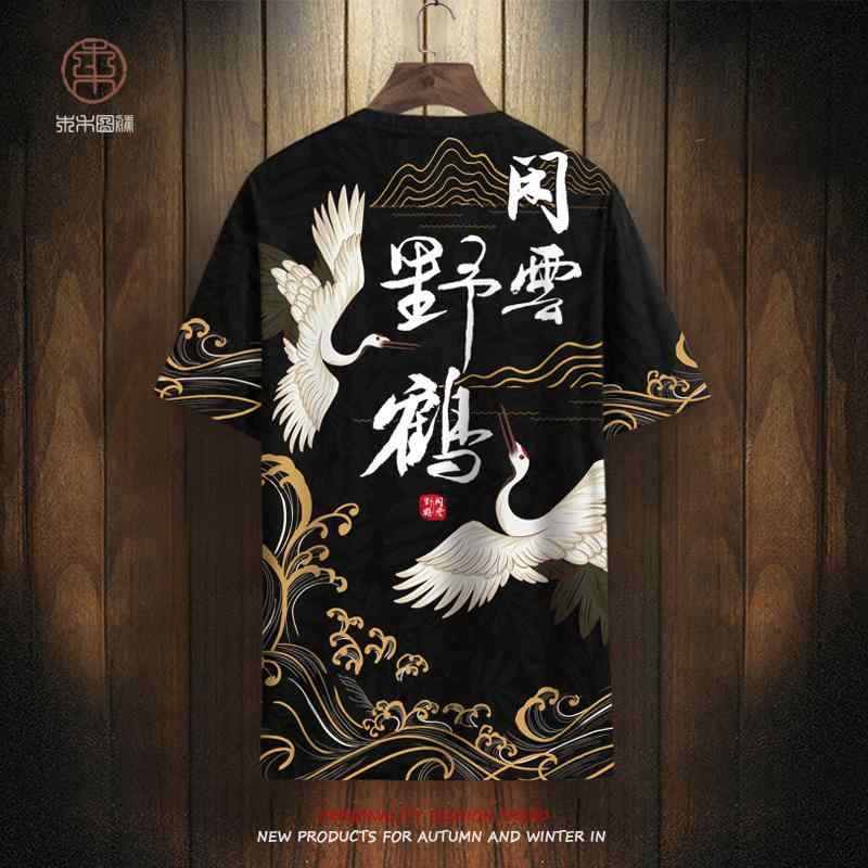 Tシャツ トップス チャイナ風 冷感 半袖 メンズ 鶴 プリント レトロ スタイル 大きめ プラスサイズ スリムフィット