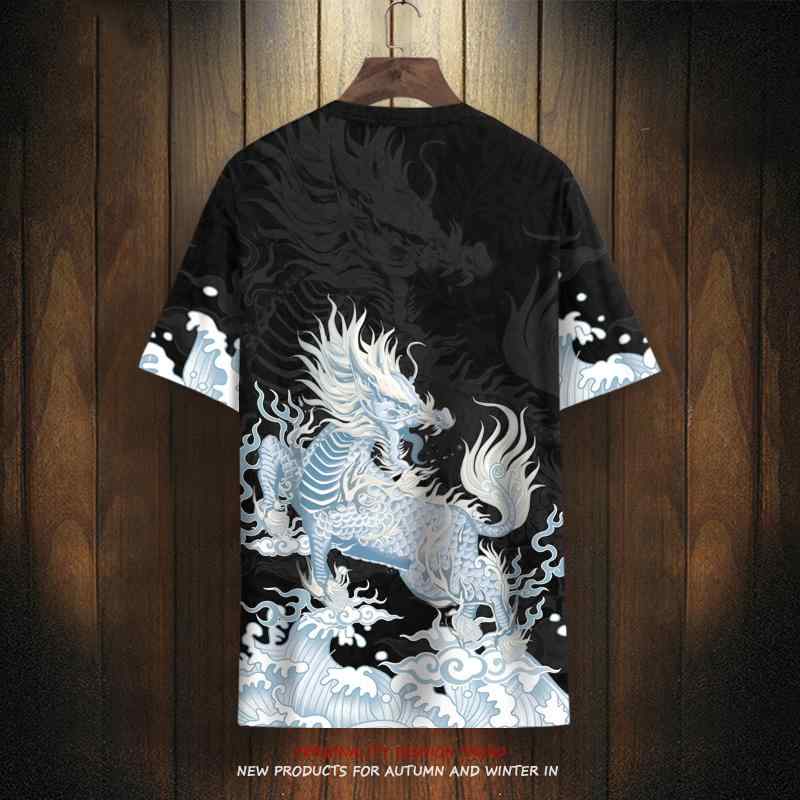 Tシャツ トップス 半袖 メンズ 夏 薄手 中華風 ファッション 快適 大きめ プラスサイズ 速乾 ユニセックス 麒麟