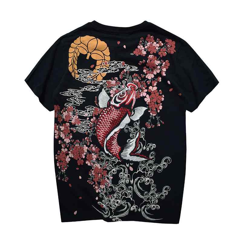 Tシャツ トップス コイ 和柄 メンズ 和風 浮世絵 刺繍 鯉 半袖 桜 プリント 快適 おしゃれ カジュアル ラウンドネック