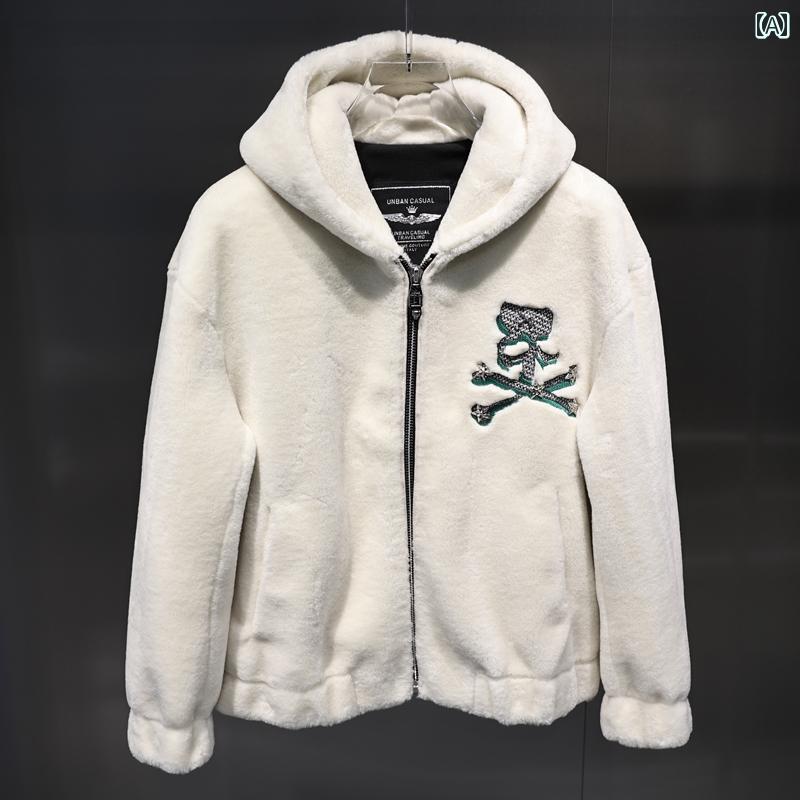 ジャケット ボア もこもこ メンズ フード付き カジュアル アウトドア レジャー アメリカン アウター ジッパー ポケット 刺繍 冬 長袖 お出かけ