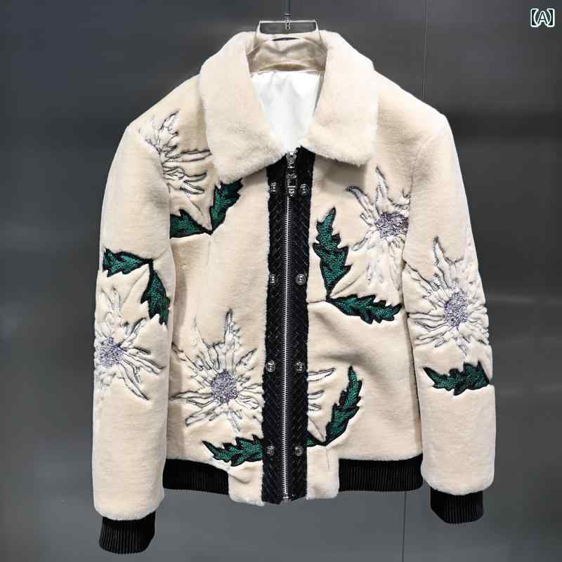 ジャケット ボア もこもこ メンズ カジュアル ジッパー ポケット 刺繍 冬 長袖 花 おしゃれ アウター アウトドア レジャー ファッション 暖かい
