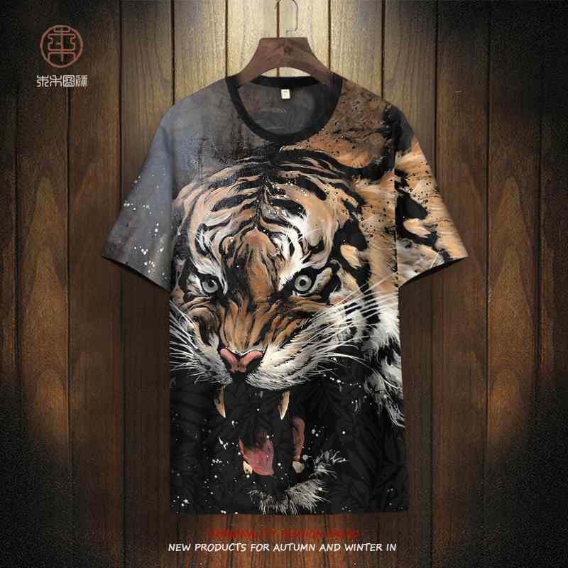 虎 Tシャツ トップス タイガーヘッド 半袖 メンズ 夏 薄手 アメリカン ファッション 冷感 大きめ プラスサイズ ラウンドネック