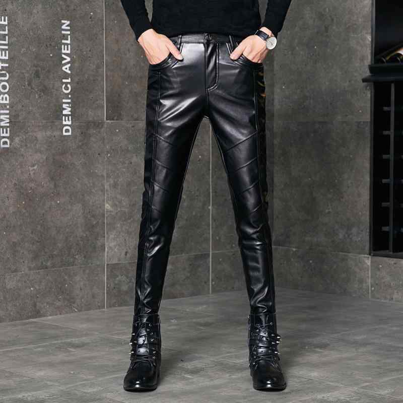 レザーパンツ メンズ 韓国 冬 スリム パンツ PU レザー ポケット 光沢 タイトフィット ライダース ズボン カジュアル 暖かい 軽量 防寒 ボトムス パンク ロック パフォーマンス ストレッチ