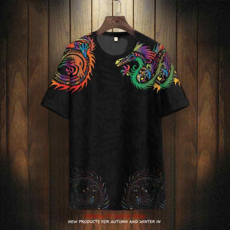 Tシャツ トップス メンズ 龍 ドラゴン 半袖 チャイナ風 プリント 大きめ プラスサイズ 快適 カジュアル 夏服 ユニセックス