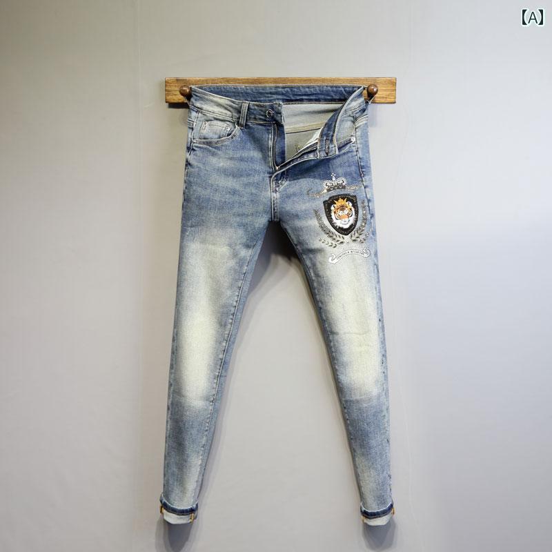 ジーンズ ジーパン 虎 春 刺繍 デニムパンツ メンズ ストレッチ タイガー ワンポイント デザイン スタイリッシュ カジュアル 長ズボン ファッション トレンド 万能 レジャー