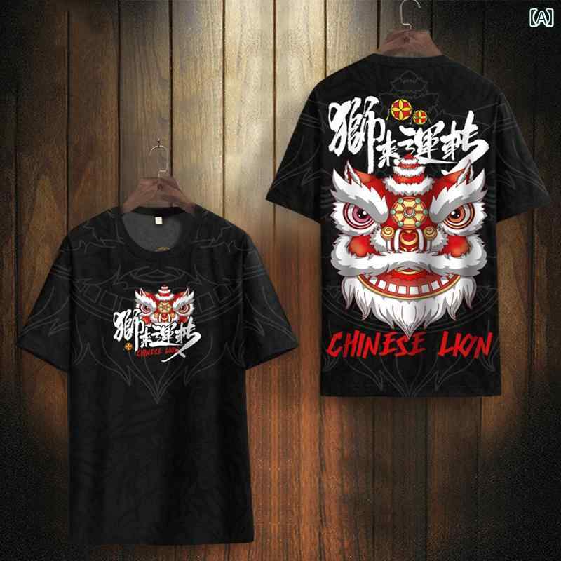 Tシャツ 半袖 トップス チャイナ風 ライオン プリント メンズ 夏 スポーツ チャイナ風 冷感 デザイン 速乾 ストリート