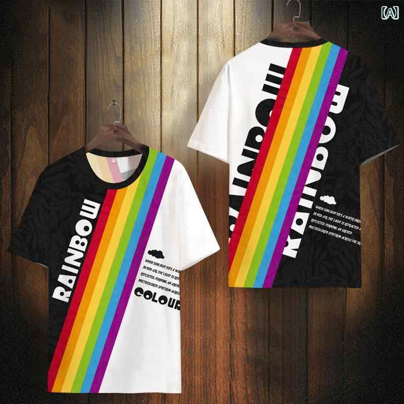 Tシャツ 半袖 トップス レインボー ストライプ 男の子 夏 文字 ファッション プリント おしゃれ 薄手 氷の感触