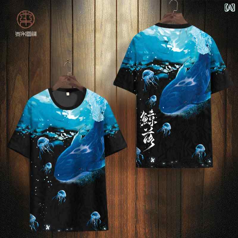 ティーシャツ 半袖 トップス 瀬戸もの風 メンズ 冷感 馬鹿でかい大いさ 夏 青碧 勇魚 伸び伸びする 刷り上げる 熱っぽい表現スタイル