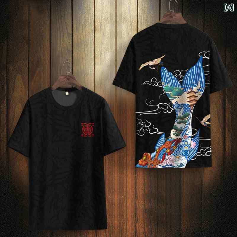 Tシャツ 半袖 トップス 国 潮 クジラ 秋 メンズ 春 ストリート 大きいサイズ ラフスタイル 冷感 速乾 ラウンドネック