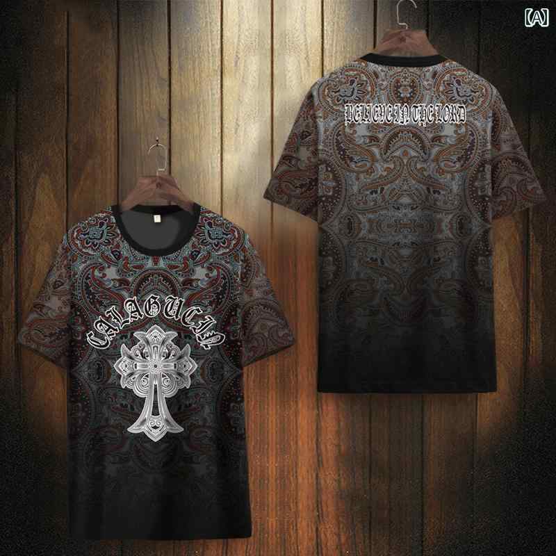 Tシャツ 半袖 トップス 大きいサイズ メンズ カシューフラワー ルーズ アメリカン ペイズリー柄 夏 ヒップホップ ストリート 冷感