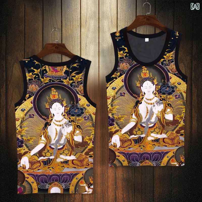 ノースリーブ タンクトップ 仏 プリント チャイナ風 Tシャツ メンズ ベスト カジュアル スポーツ スタイリッシュ 大きいサイズ
