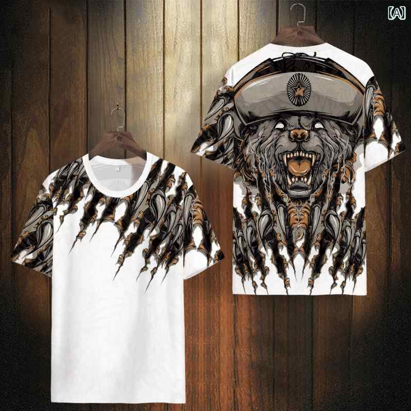 Tシャツ 半袖 トップス メンズ 薄手 速乾 クマ プリント 大きいサイズ カジュアルウェア ファッション ラウンドネック