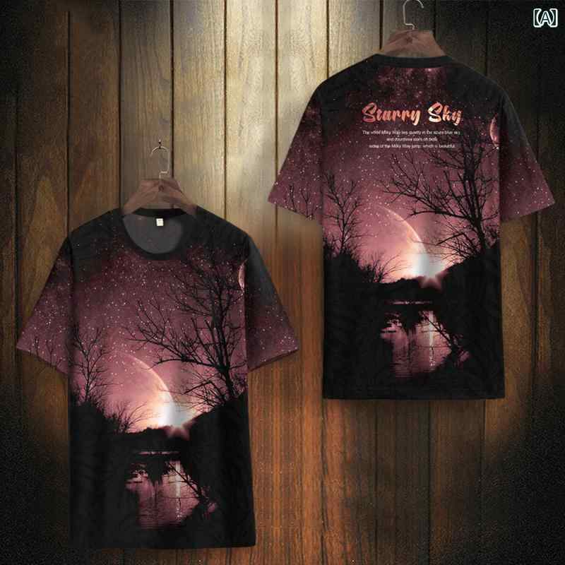 Tシャツ 星空 プリント 半袖 メンズ トップス 夏 薄手 カジュアル ライトウェア 冷感 速乾 スタイリッシュ スリム