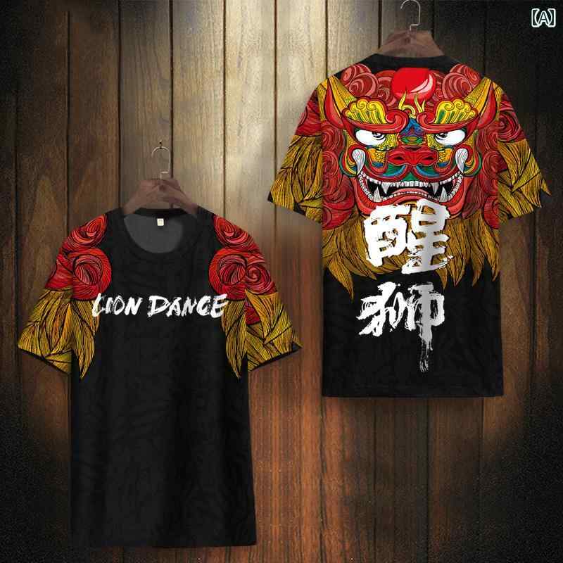 Tシャツ チャイナ風 半袖 メンズ トップス ライオン プリントスタイル 大きいサイズ カジュアル ラウンドネック 薄手