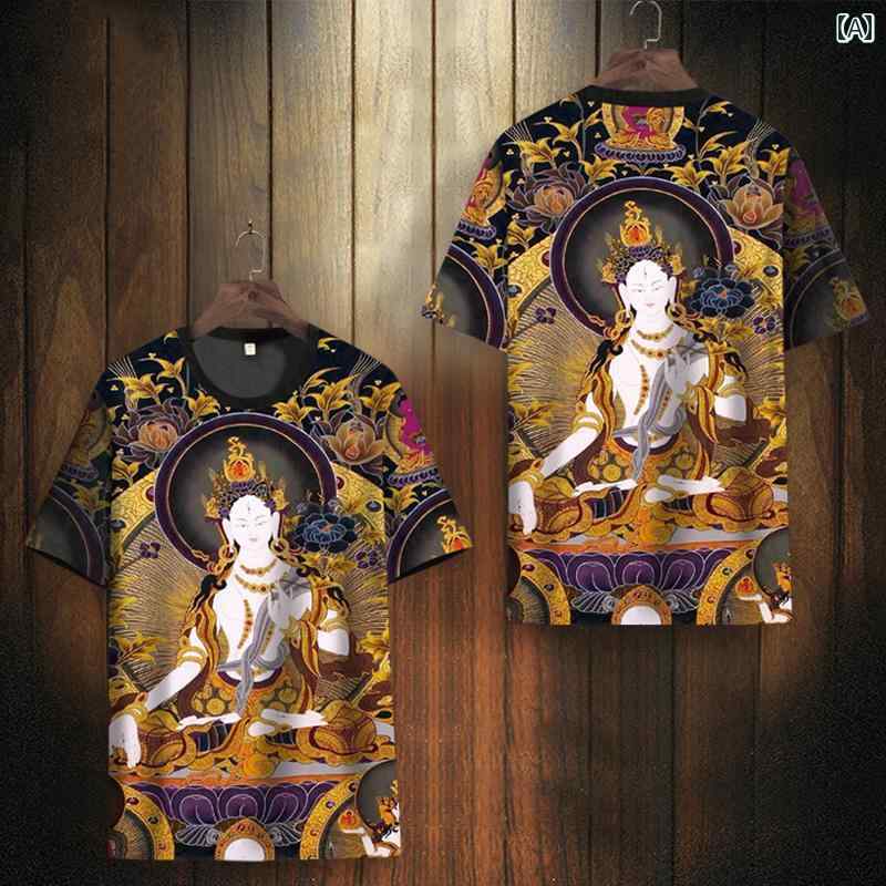 佛 メンズ 半袖 Tシャツ チャイナ風 ファッション 仏 リラックス プリント カジュアル 精神的 少年 大きいサイズ
