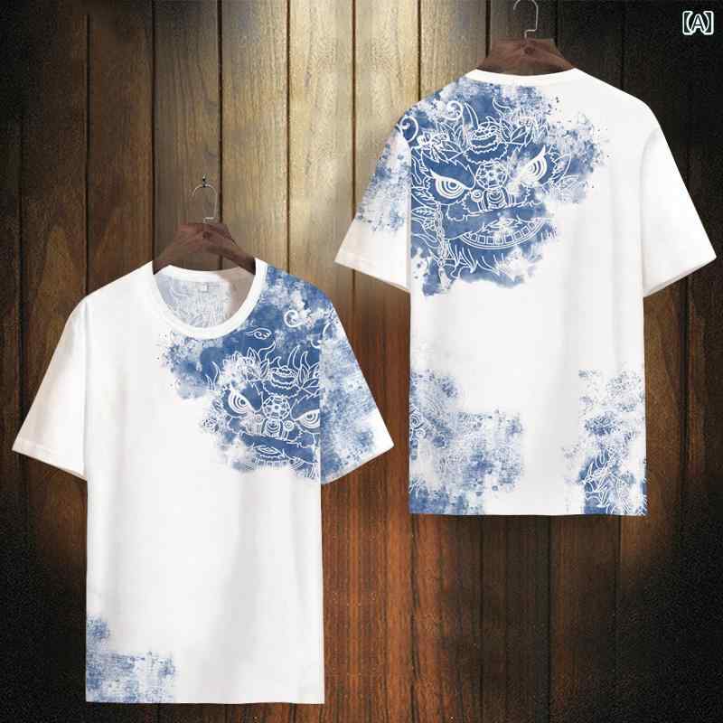 Tシャツ カップル メンズ トップス チャイナ風 ライオン プリント 半袖 夏 薄手 プレゼント アイスフィール 通気性 シャツ スリム