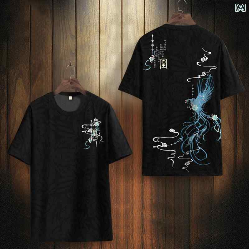 Tシャツ 鳳凰 プリント 半袖 メンズ トップス チャイナ風 夏 薄手 涼感 アイスフィール 大きいサイズ ゆったり 通気性 アンダーシャツ