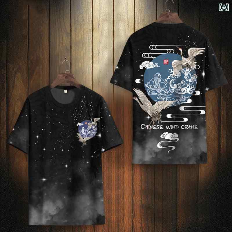 Tシャツ メンズ トップス 半袖 ストリート 鶴柄 冷感 速乾 大きいサイズ カジュアル デイリーウェア チャイナ風 プリント