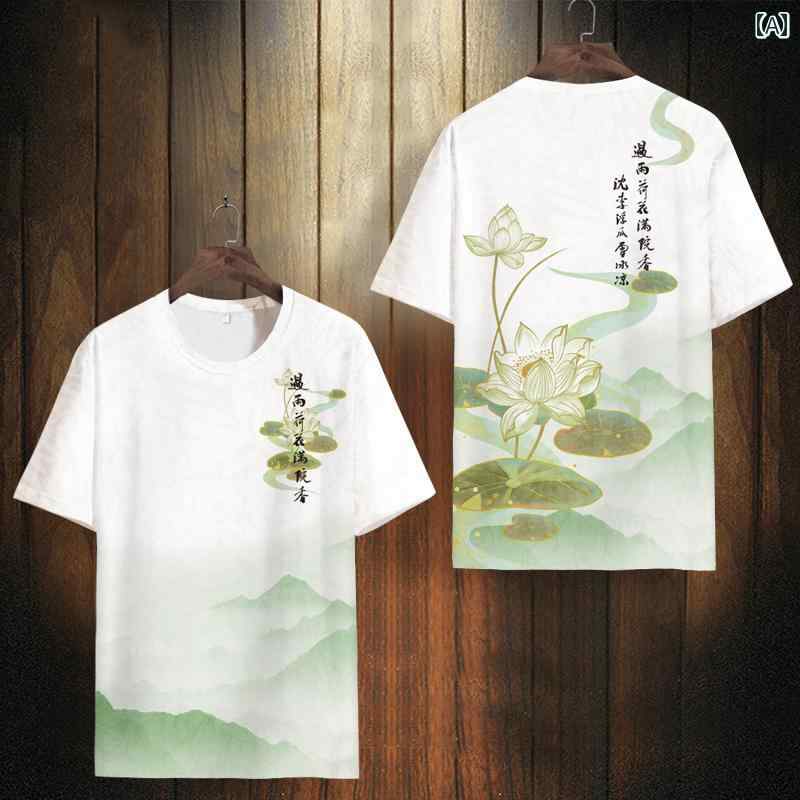 Tシャツ 夏 メンズ トップス 蓮 プリント 柔らかい 半袖 ファッション おしゃれ コットン 冷感 スリムフィット