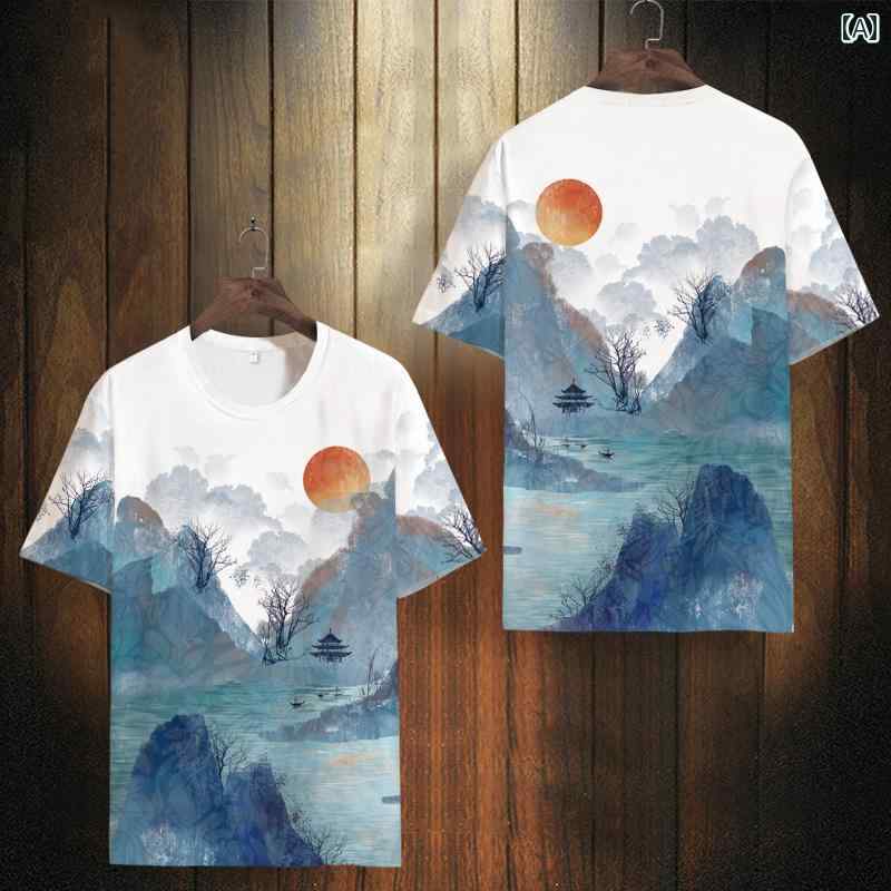 Tシャツ 夏 チャイナ風 メンズ トップス マウンテン インク プリント 半袖 薄手 ゆったり アートプリント ファッション カジュアル 服