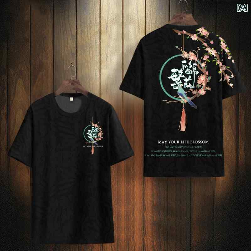 Tシャツ チャイナ風 メンズ トップス 夏 薄手 半袖 花柄 レトロ オリエンタル プリント 冷感 ファッション 速乾 黒