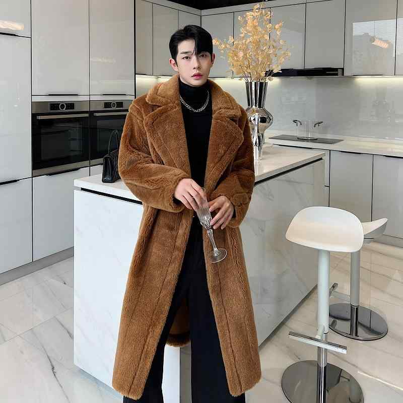 ファーコート メンズ ラム ファーコート ロング 秋冬 ファッション 韓国 トレンド アイテム 防寒 デート おしゃれ ボタン スタイリッシュ エレガント カジュアル アウトドア