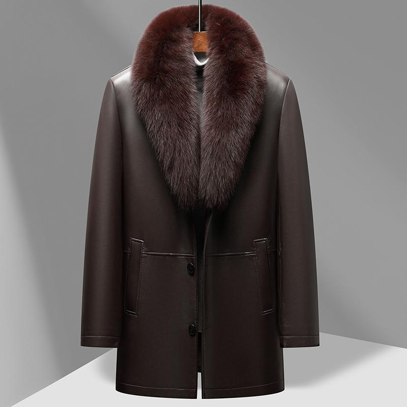 男性服 ロングコート シープスキン レザー ジャケット ジャコット メンズ フォックス ファー襟 コート ファー ウサギ 毛皮 裏地 もこもこ 大きいサイズ 暖かい 防寒着 大人 高級感