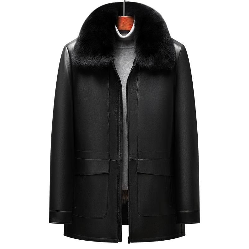 男性服 黒 革 レザー ジャケット ブラウン メンズ 高級感 裏地 ファー ウサギ 毛皮 もこもこ ジャケット アウター 上着 防寒着 暖かい ミドル丈 大人 クール 高級感